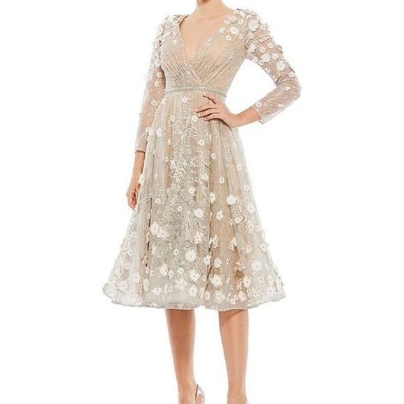 Mac Duggal Beige Blush Floral Appliqué Long Sleeve Lace Fit & Flare Dress - Picture 1 of 2